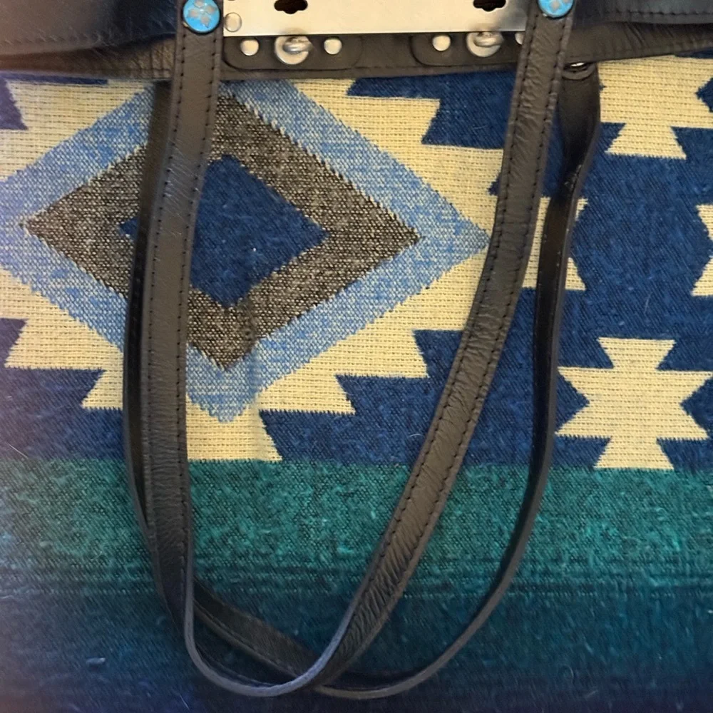 Patricia Nash Black Leather Tote Bag with Rhinestone & Turquoise Accents - Picture 7 of 12